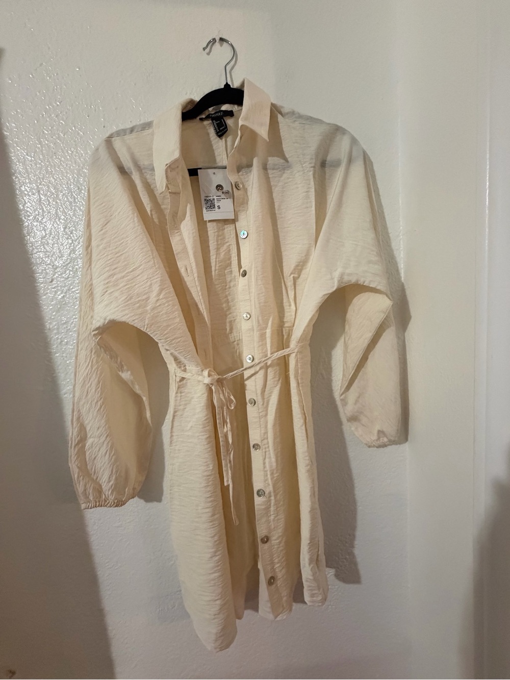 Light Cream Button-Front Shirt Dress with Tie Waist